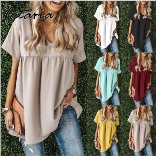5XL WomenS T-shirt Fashion Women Blouses 2021 Plus Size V-neck Short Sleeve Fold Loose Tops Vintage Clothes Tee Shirt Femme