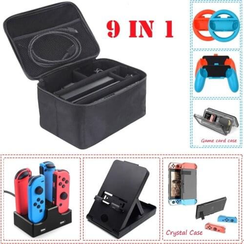 9 In 1 Kit Big Protective Case Storage Bag For Nintendo Switch Console Charger Handgrips& Steering Wheels Crystal Shell Stand
