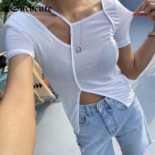 SUCHCUTE Asymmetrical Hight Street Women Cropped Tops Solid Summer Split Sexy Harajuku Casual T-shirts Short Sleeve Slim Outfits