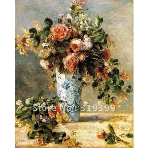 Free DHL Shipping,100% handmade,Oil Painting Reproduction on linen canvas,roses and jasmine ina Delft vase by Pierre Renoir