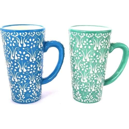 Handmade Ceramic 2s Latte Cup Set -turquoise & blue Color 500ml Latte Ceramic Glass Handwork Made in turkey