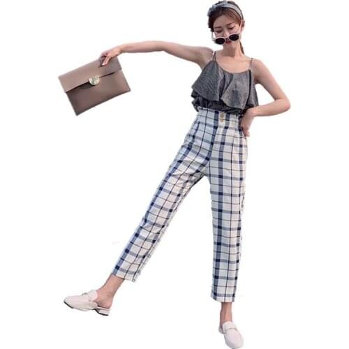 Plaid Pants Elastic Waist High Waist Pants Women Streetwear Summer Checkerboard Harem Pants Casual Female Trousers