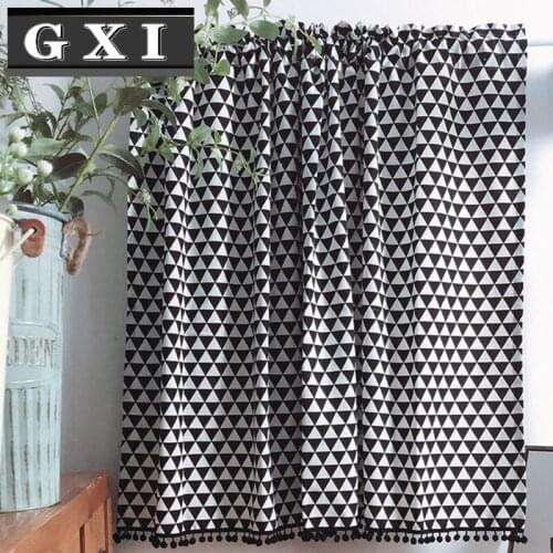 Nordic Half Curtain Geometric Black and White Triangular Lattice Pattern Cloth curtain for Bar Kitchen Cabinet Door