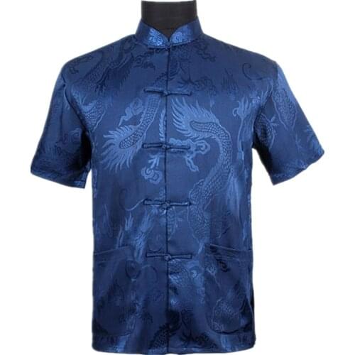 Top Vogue Navy Blue Mens Silk Satin Shirt Top Chinese Vintage Short Sleeve Garment Kung Fu Tang Suit S M L XL XXL XXXL