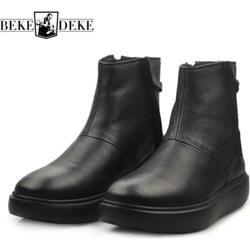 Winter Fleece Lining Men Snow Boots Genuine Leather Harajuku Platform Shoes Zipper Round Toe Motorcycle Biker Ankle Boots