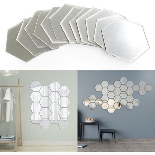 12Pcs Big Size Hexagon Mirror Sticker Crystal Wall Paper Self-Adhesive Mosaic Tiles Morden Bathroom Home Decoration Accessories