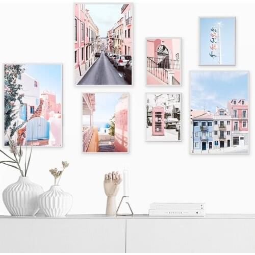 Pink Building Telephone Tooth Greek City Nordic Posters And Prints Wall Art Canvas Painting Wall Pictures For Living Room Decor