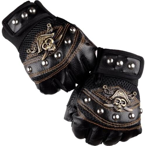 Skulls Rivet PU Leather Fingerless Gloves Men Women Fashion Hip Hop Womens Gym Punk Gloves Half Finger Mens Gloves