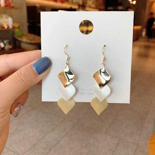 Simple Colorful Metal Flower Petal Long Drop Earrings Korea Gold White Color Metal Statement Dangle Earrings for Women Jewelry