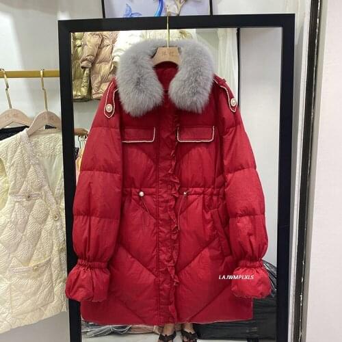 2021 Winter Real Fox Fur Collar Down Jacket Thick Women Feather Parkas 90% White Duck Down Coat High Waist Puffer Outwear