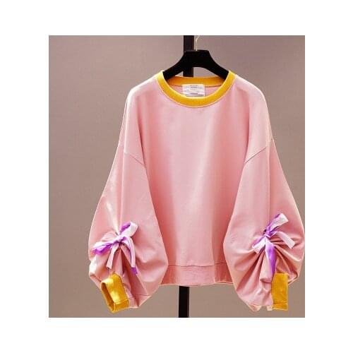 Lace Up Bow Tie Bat Long Sleeved Sweatshirt Girl Ladies 2021 Spring Autumn New Fashion Loose Lantern Sleeve Pullover Coat Hoodie