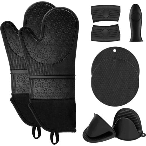 Extra Long Silicone Oven Mitts and Pot Holders Sets, Heat Resistant Oven Mitts with Quilted Liner, Mini Oven Gloves