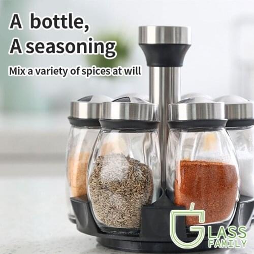 GF 6-Jar Revolving Spice Organizer Rack Kitchen Cabinet Organizer Rotating Seasoning Organizer with 6 Glass Jars for Countertop