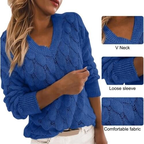 Knitted Sweater V Neck Pullover Feather Pattern Loose Autunm Winter Solid color Vintage Long Sleeve Daily Tops Women Clothes New