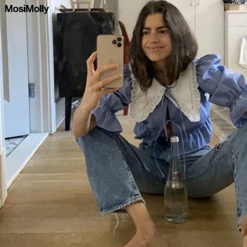 MosiMolly 2020 Plaid Trendy Cotton Plaid Blouses Shirt Doll collar Cotton Embroidery Patchwork Bow Ruffle Female Blusa Shirt Top