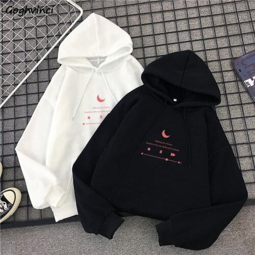 With Hat Hoodies Women Printed Simple Front-pocket Plus Velvet Daily Outwear Street Style Harajuku Hip-hop All-match Sweatshirts