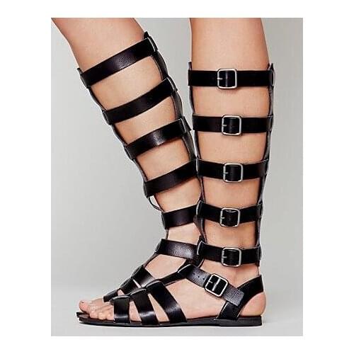 Women fashion gladiator boots knee high with open toe buckle strap cutouts design slingbacks shoes ladies Summer flat sandals
