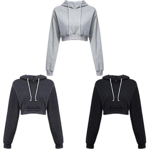Ladies Solid Slim Crop 2021 Sweatshirts Autumn Hooded Long Sleeve Hooded Pullovers Women Casual Drawstring Hoodie Pullovers