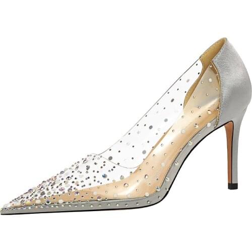Womens High Heels Fashion New Perspective Shallow Pointed Toe Shining Rhinestone PVC Transparent Hollow Single Shoes