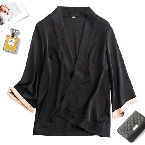 Womens 92% Mulberry Silk 8% Spandex Black Cardigan Blazer Jacket office work L XL JN8166