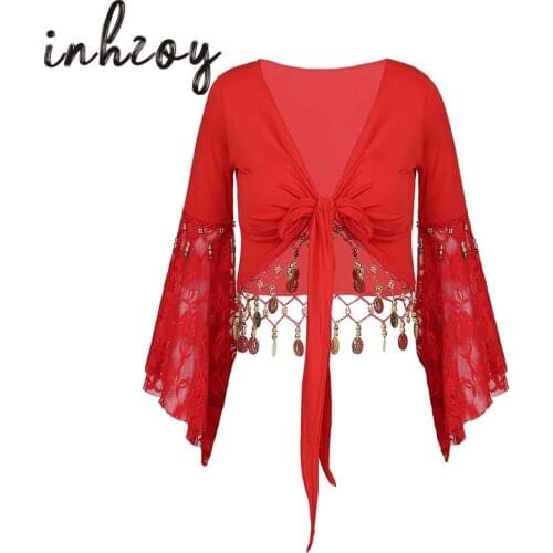 Women Indian Belly Dance Costume Lace Patchwork Three Quarter Flare Sleeve Bead Tassel Tie-Up Shawl Crop Top Cardigan Dancewear