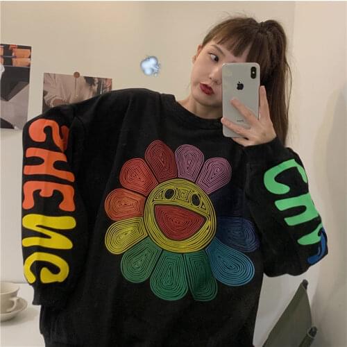 Harajuku Women Sweatshirt Kawaii Korea Sun Flower Smile Face Print O Neck Long-Sleeve Oversize Hoodie Pullover Tops Streetwear