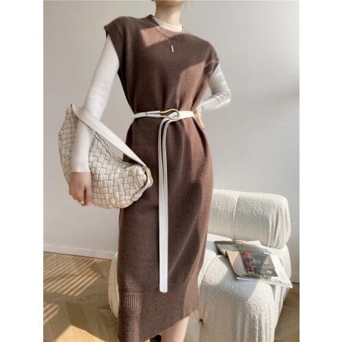 Womens spring and Autumn new medium length sleeveless round collar loose vest wool dress