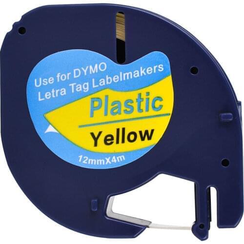 1 Compatible Dymo LetraTag 91202 Black on Yellow (12mm x 4m) Plastic Label Tapes for LT-100H, LT-100T, LT-110T, QX 50, XR, XM