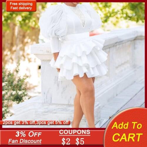 2021 Ruffle Tiered African Women Party Dress Elegant White Sexy Dresses Club Female Plus Size Fashion Mesh Patchwork Vestidos