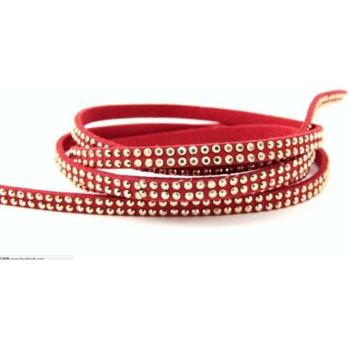 Free Ship 100 Meters 5mm*1.5mm Red Flat Faux Suede Leather Cord With Two Lines Gold Studs
