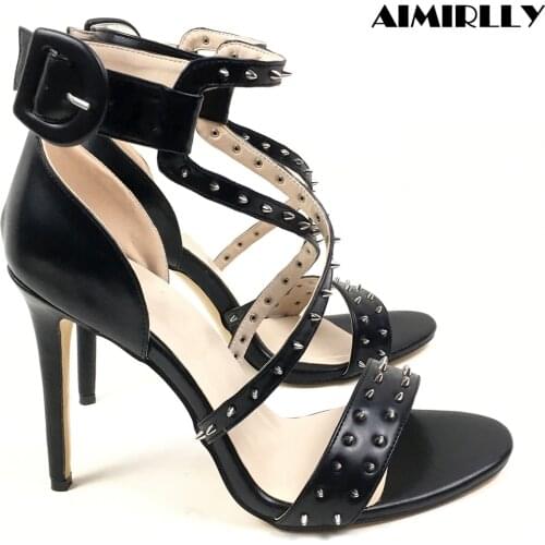 Open Toe High Heels Spikes Sandals PU Women Shoes Studded Cross Strap Black Nude Ladies Party Clubwear Dress Heels Aimirlly