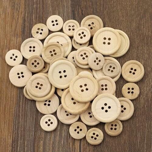 50 Pcs Wooden Buttons Natural Color Round 4 Holes Buttons Sewing Scrapbooking SCVD889