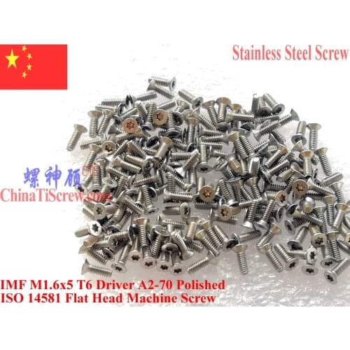Stainless steel screws M1.6x6 ISO 14581 Flat Head Torx T5 Driver A2-70 Polished ROHS 100 pcs