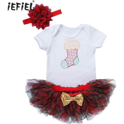 3Pcs Infant Baby Girl Clothes Christmas Romper Short Sleeve Jumpsuit Cartoon Sock Waistband Sewed Mesh Tutu Skirt with Headband
