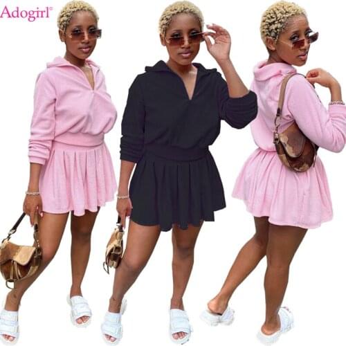 Adogirl Solid Velvet Two Piece Dress Set Women Tennis Suit Zipper Long Sleeve Pullover Sweatshirts Top Pleated Mini Skirt