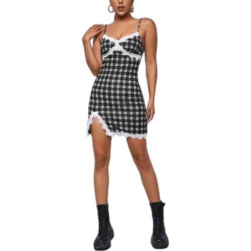 Summer Ladies Sexy Sling Short Skirt Fashion Plaid Stitching Lace Printing Ruffled V-Neck Slit Tight High Street Slim Dress