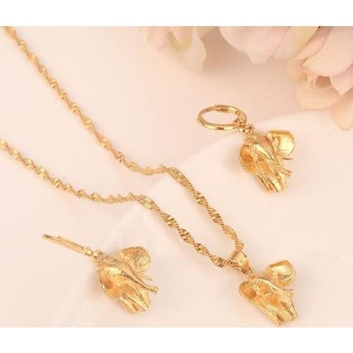 Elephant Jewelry sets Classical Necklaces Earrings Set 14 k Yellow Solid Fine Gold Filled Brass,Wedding Brides Dowry gift