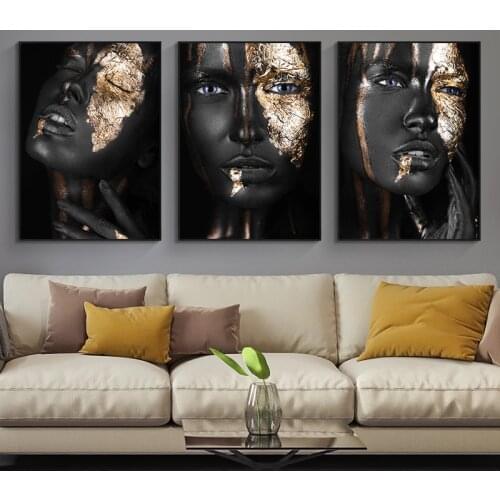 African Art Black and Gold Woman Canvas Painting Posters and Prints Scandinavian Wall Art Pictures for Living Room Home Decor