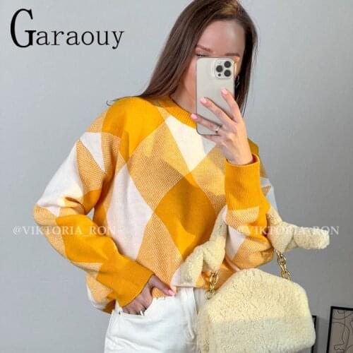 Garaouy 2021 New Women Autumn Winter Knit Pullover Sweater Loose Yellow Diamond Pattern Sweater Top Long Sleeve Sweaters ZA
