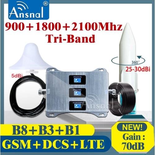 New Upgraded!! 900 1800 2100Mhz Tri-Band Cellular Amplifier Cellphone GSM Repeater 2g 3g 4g Mobile Signal Booster GSM WCDMA LTE