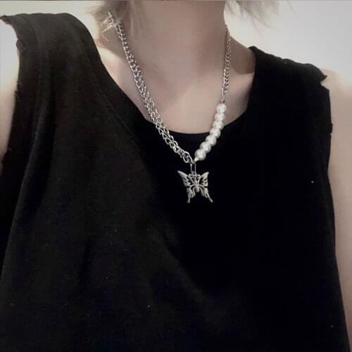 Punk Butterfly Necklace Accessories Trend Hip Hop Pearl Titanium Steel Pendant Necklace Multilayer Necklace Necklaces For Women