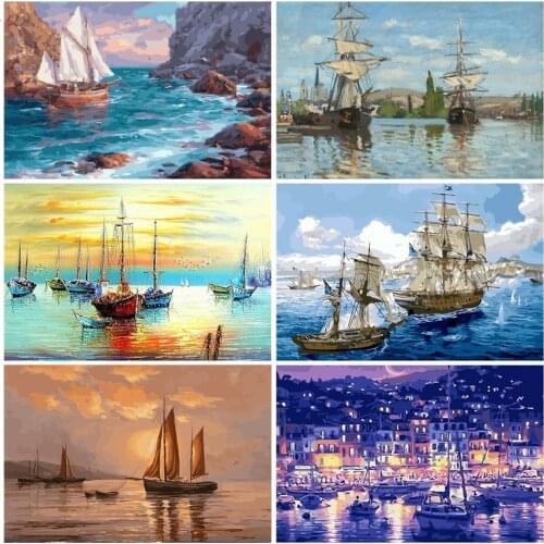 AZQSD Adult Paint By Numbers DIY Scenery Unframe Home Decoration Acrylic Paint Coloring By Numbers Ship Handicraft Kits