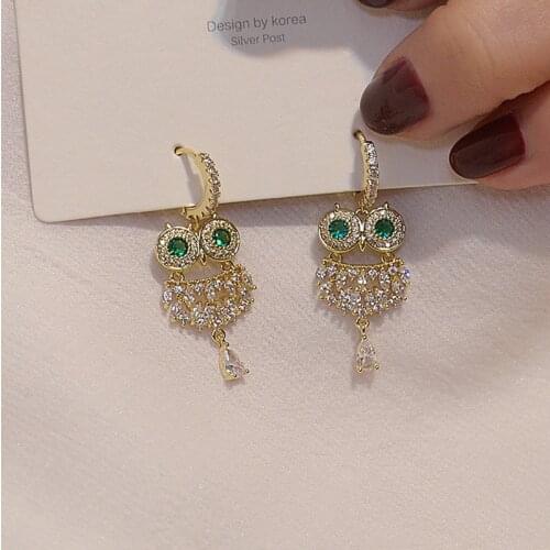Luxury Cubic Zircon CZ Owl Stud Earrings for Women Japanese&Korea New Style 14K Real Gold Earrings