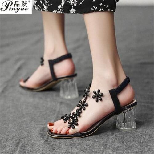 New summer womens sandals color matching rhinestone flowers word buckle chunky heel crystal sexy open-toe fashion shoes