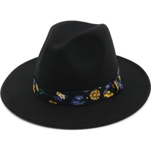 Women Men Flat Brim Wool Fedoras Hat with Print Ribbon Retro Jazz Trilby Hats Female Formal Party Cap Panama Hat GH-357