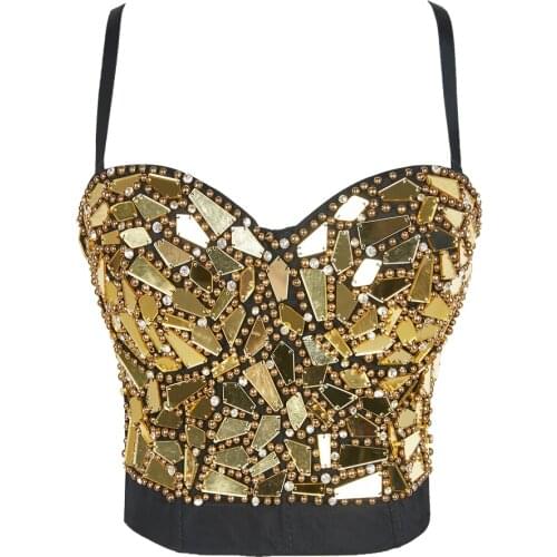 Atoshare Sexy Gold Glass Mirror Beaded Rhinestone Bustier Crop Top Push up Corset Top Rave Festival vest