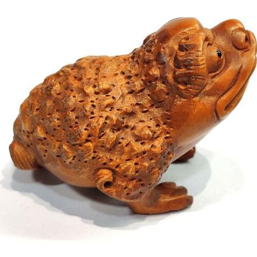 Y7540 - 2" Hand Carved Boxwood Netsuke Figurine Carving - Wealthy 3 -Leg Toad Sculpture