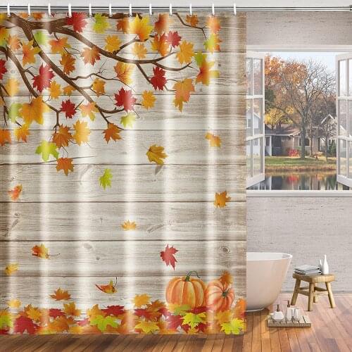 Fall Shower Curtain Thanksgiving Pumpink Farmhouse Style Shower Curtains Maple Leaves Rustic Wooden Autumn Bathroom Decor