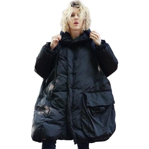 Women Winter Jacket Black Cloak Type Down Coat Female Street Style Plus Size Hooded Zippers Parka Thick Warm Waterproof Overcoat