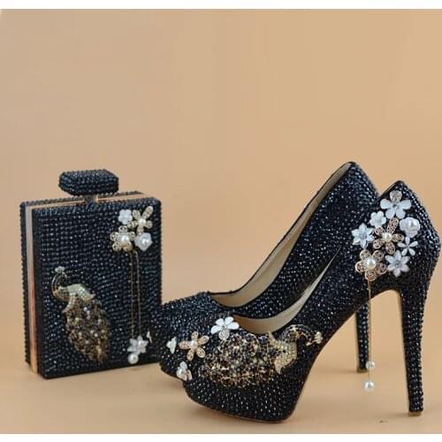 Womens High Heels Black Crystal Peacock Bridal Wedding shoes Party dress shoes and bag Ladies fashion Thin heels Spring